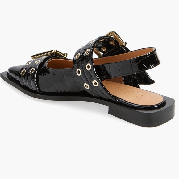 💫Ganni Black Patent Python Gold Buckle Ballerinas - Picture 2 of 13